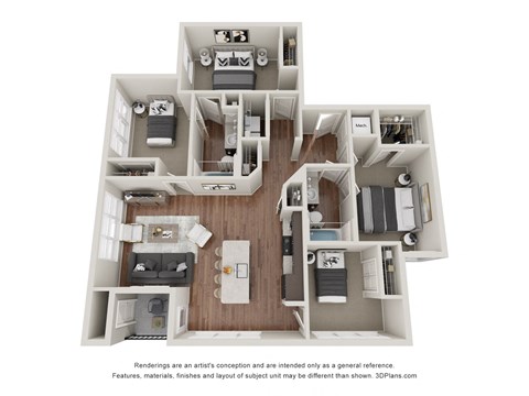 Floor plan for 4 beds, 2 baths, 1272 sqft